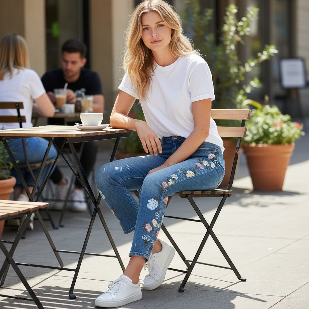 Driftwood Jackie High Rise Floral Embroidered Skinny Jeans Medium Wash Size 32 - Picture 1 of 10